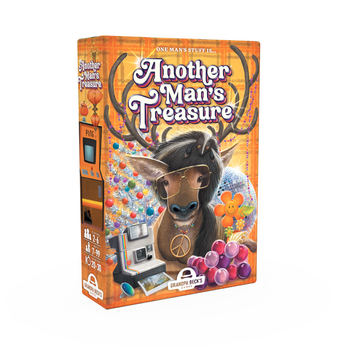 Another Man's Treasure - Orange box with a cartoon moose wearing a hat and glasses surrounded by colorful balls and casino items, titled Another.