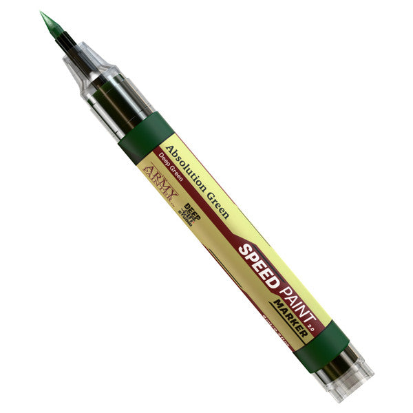 Speedpaint Marker: Absolution Green - Green brush-tip Speedpaint marker with beige and dark green label and transparent cap.
