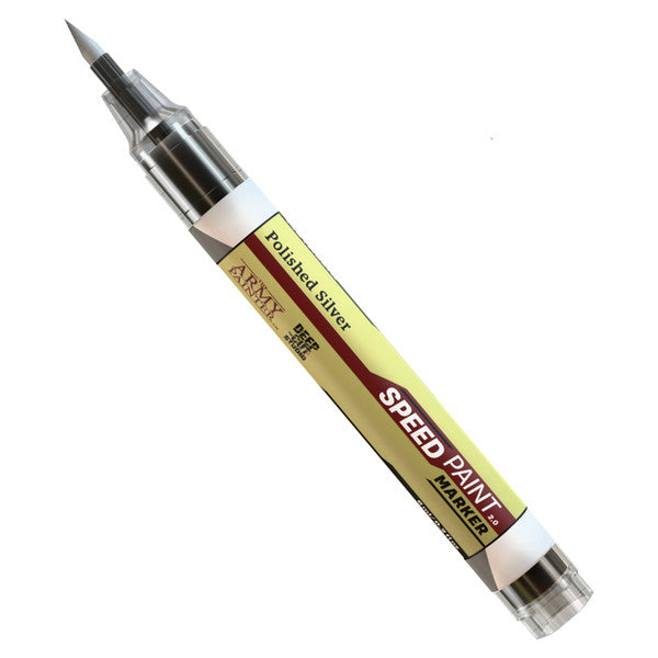 Speedpaint Marker: Polished Silver - Silver metallic paint marker with fine brush tip and beige label featuring red and black text.