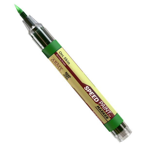 Speedpaint Marker: Orc Skin - Green-tipped paint marker with yellow-green body labeled "Speedpaint Orc Skin" by Army Painter.