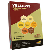 Warpaints Fanatic: Flexible Triad PLUS+ Yellows - Set of seven hexagonal yellow paint pots with labels on a red and yellow box labeled "Yellows Flexible Triad Plus+".