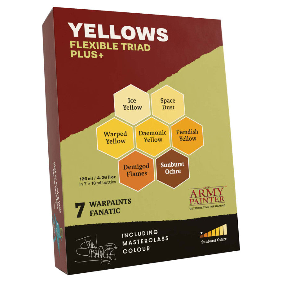 Warpaints Fanatic: Flexible Triad PLUS+ Yellows - Set of seven hexagonal yellow paint pots with labels on a red and yellow box labeled "Yellows Flexible Triad Plus+".