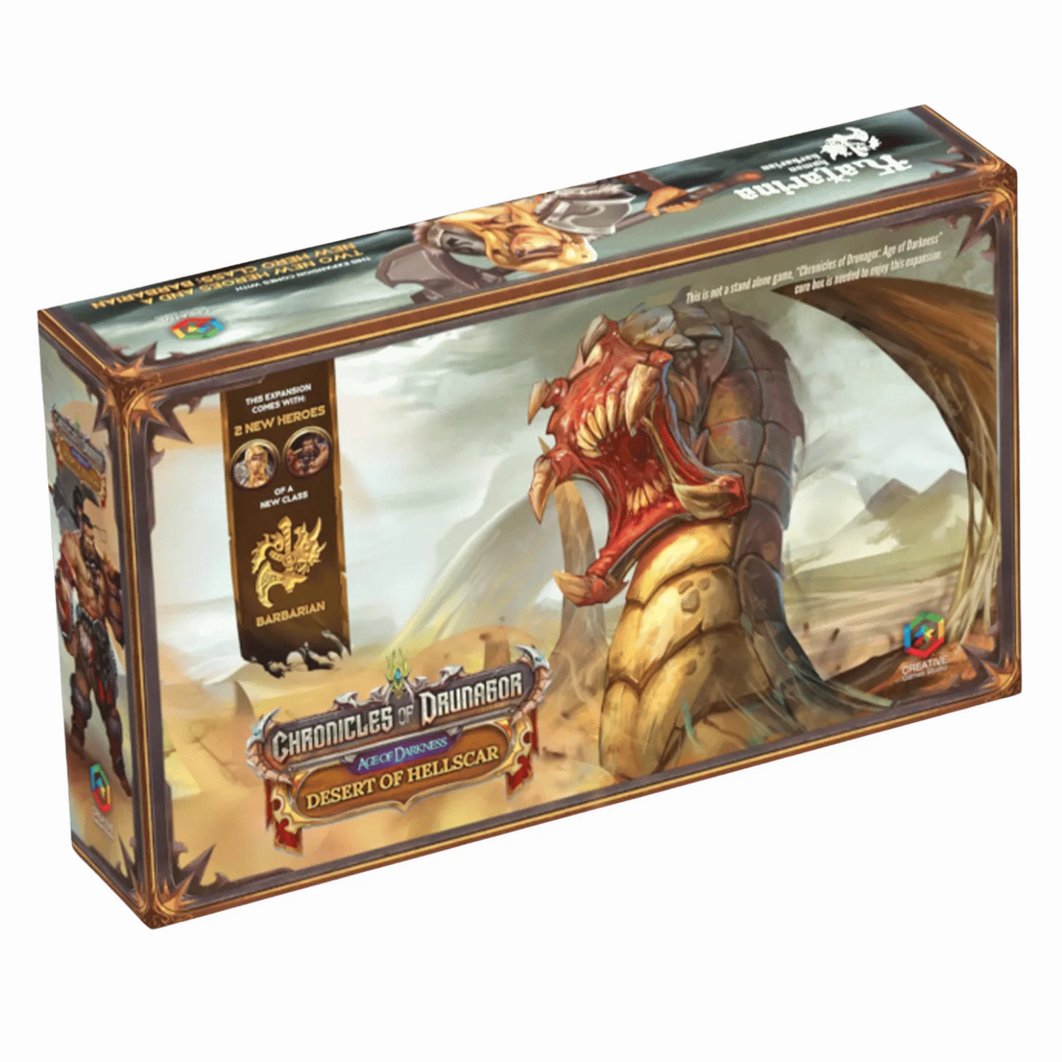 Chronicles of Drunagor: Age of Darkness - Desert of Hellscar Expansion (PREORDER) - Board game box with fantasy artwork featuring a large red dragon wrapped around a stone tower in a desert landscape.