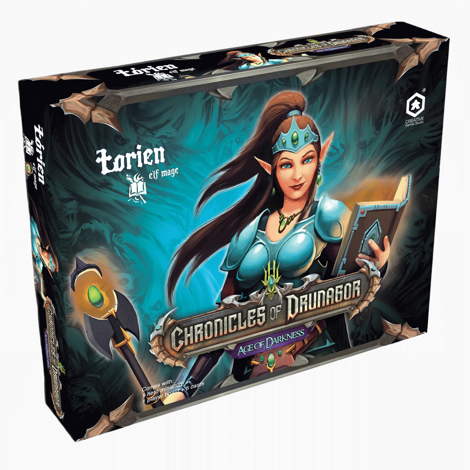 Chronicles of Drunagor: Age of Darkness - Lorien (PREORDER) - Lorien expansion box for Chronicles of Drunagor with fantasy warrior woman holding a glowing book, dark teal and brown tones.