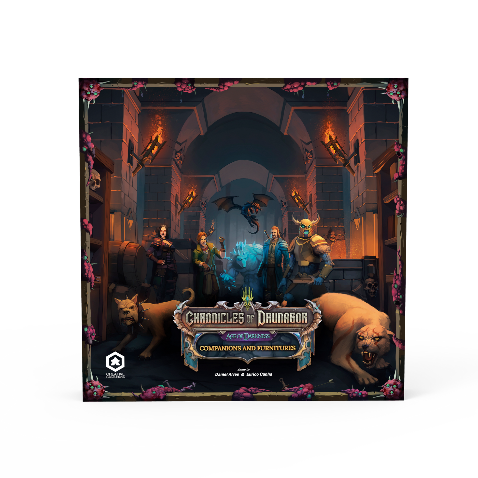Chronicles of Drunagor: Age of Darkness - Companions & Furniture (PREORDER) - Dark fantasy game box with characters, glowing magical effects, a bear, and castle interior on front cover.