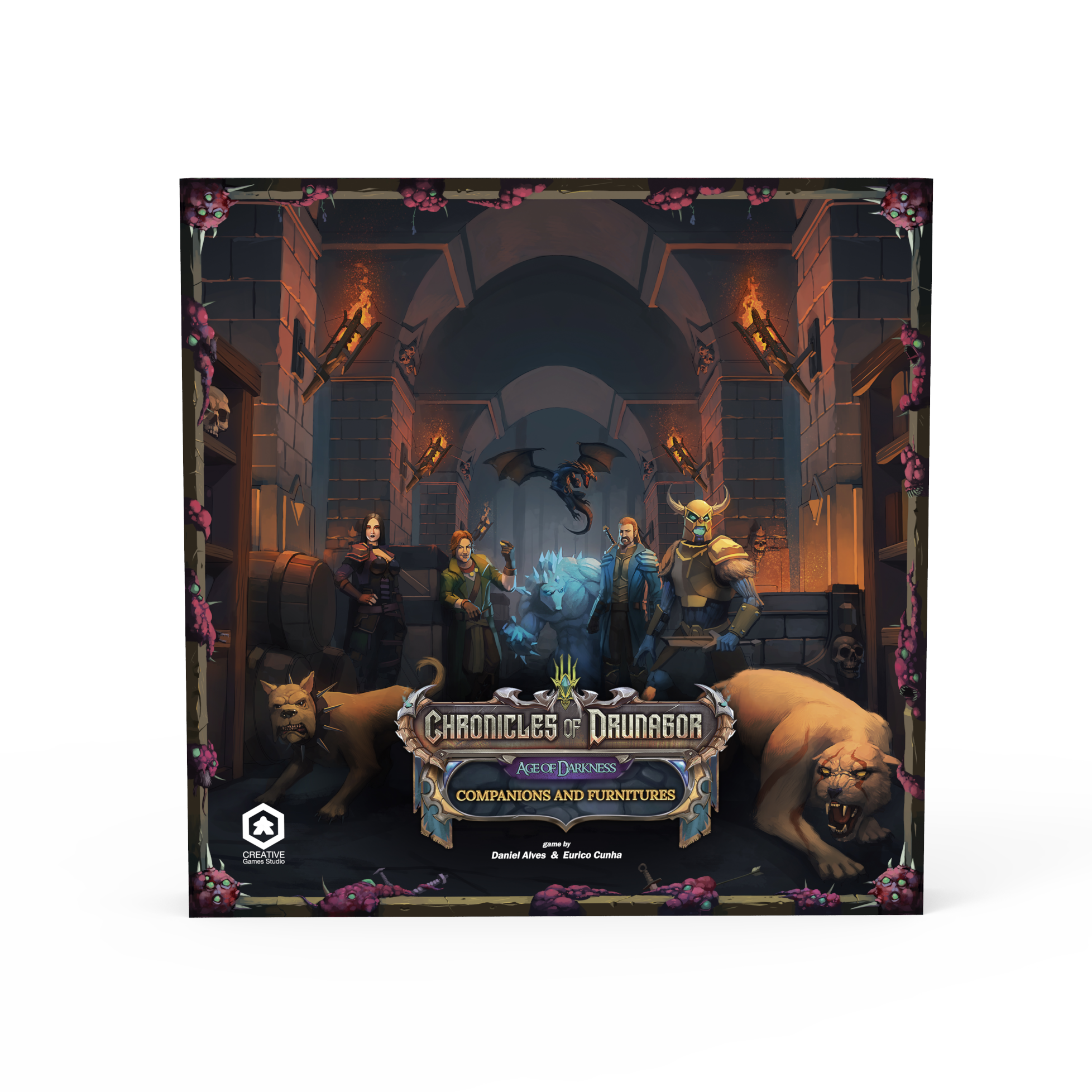 Chronicles of Drunagor: Age of Darkness - Companions & Furniture (PREORDER) - Dark fantasy game box with characters, glowing magical effects, a bear, and castle interior on front cover.