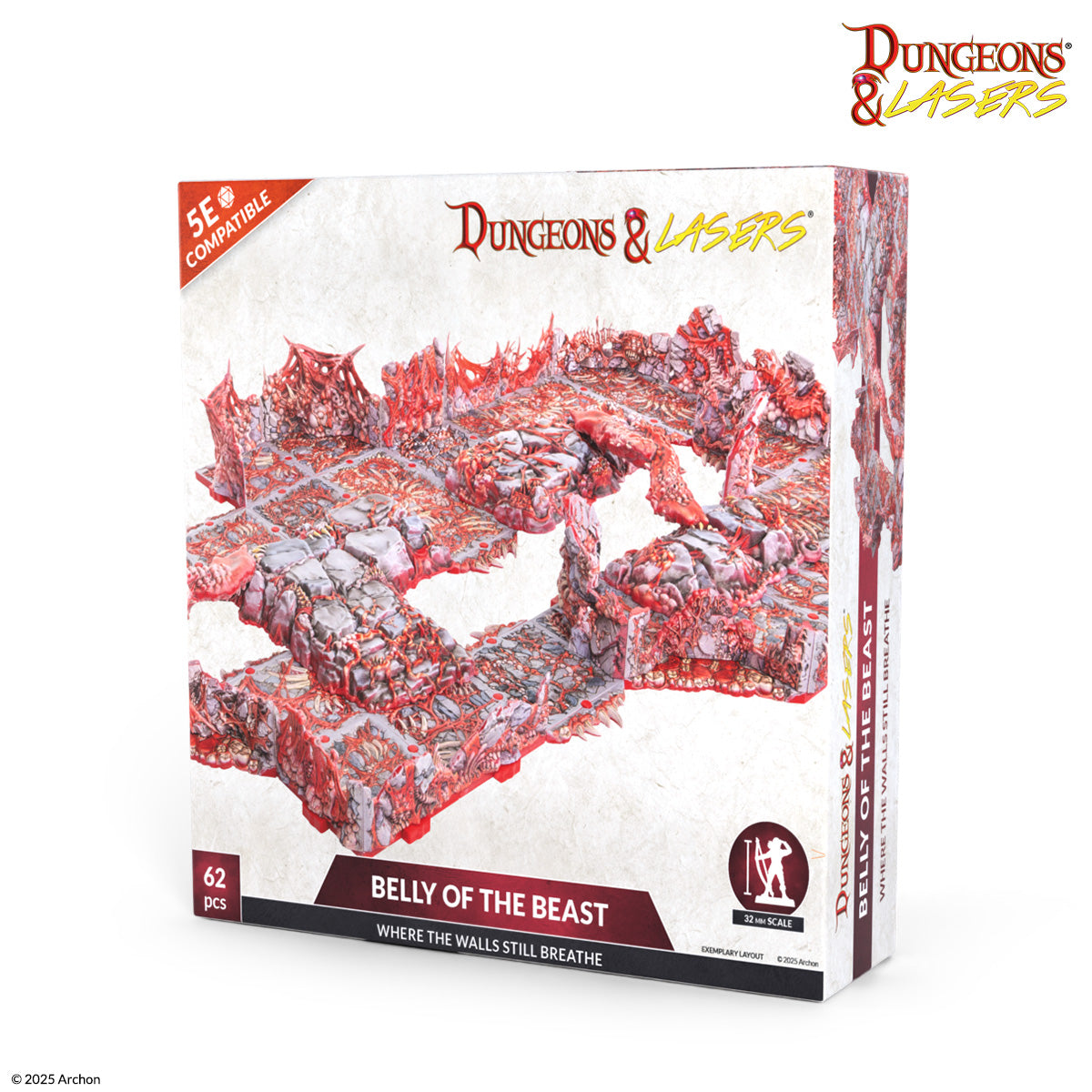 Dungeons & Lasers: Belly of the Beast (Unpainted) (PREORDER) - Unpainted modular dungeon terrain set with rocky walls and lava details for tabletop gaming.