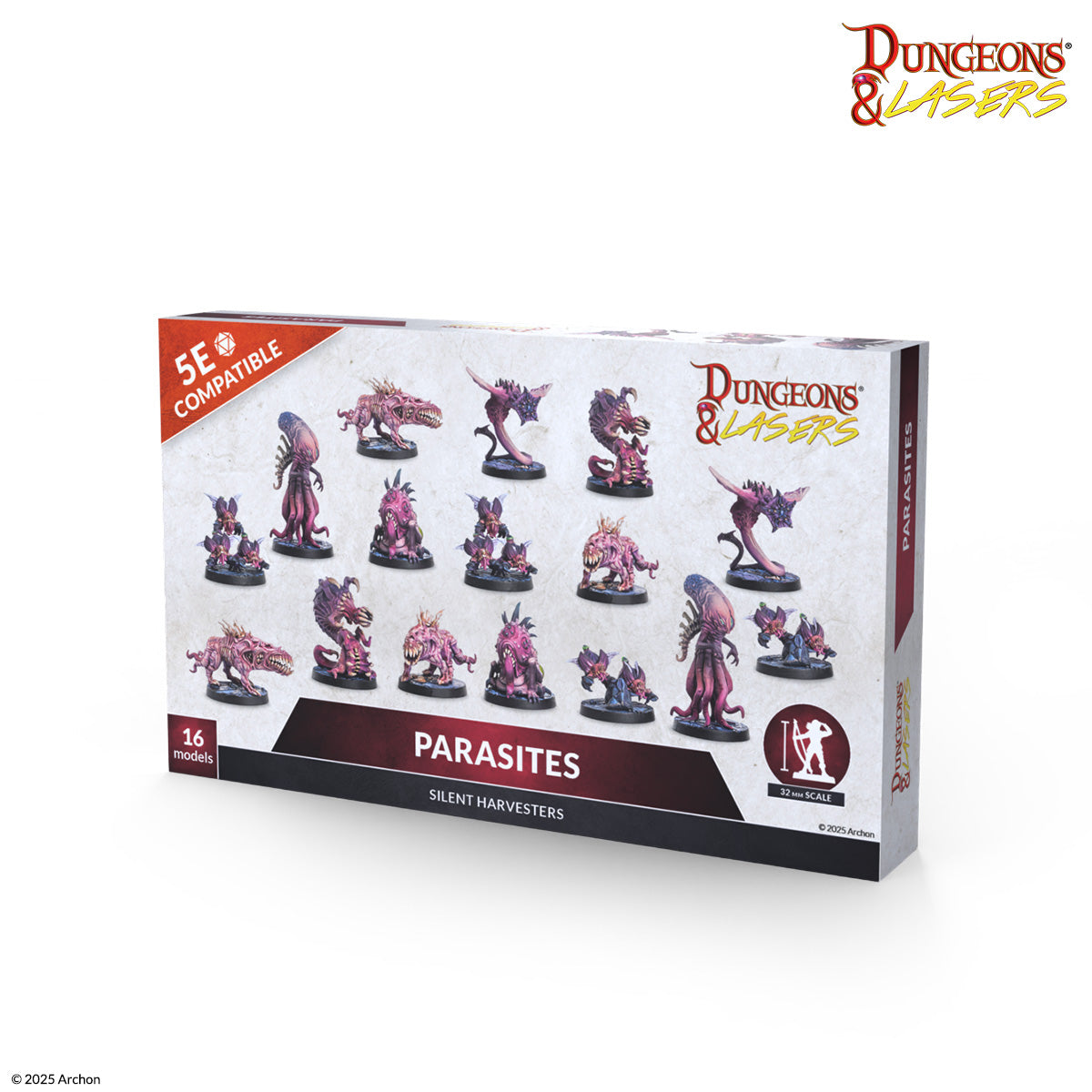 Dungeons & Lasers: Parasites (Unpainted) (PREORDER) - Boxed set of unpainted miniature fantasy parasites for tabletop RPGs, showing 16 detailed resin figures in varied poses with