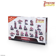 Dungeons & Lasers: Parasites (Unpainted) (PREORDER) - Boxed set of unpainted miniature fantasy parasites for tabletop RPGs, showing 16 detailed resin figures in varied poses with