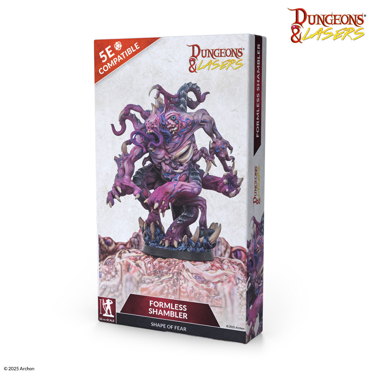 Dungeons & Lasers: Formless Shambler (Unpainted) (PREORDER) - Unpainted purple and pink tentacled monster miniature with clawed hands on rocky base packaging box.