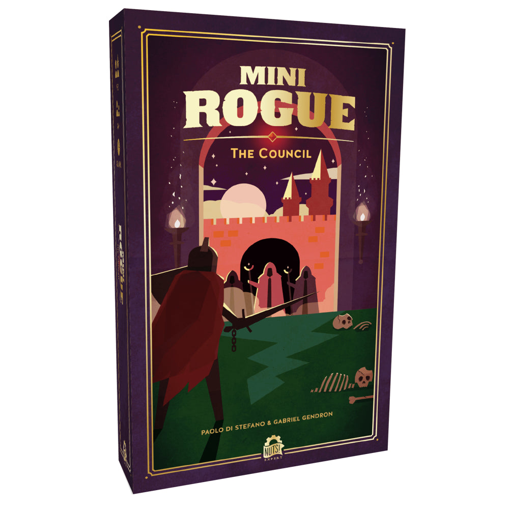 Mini Rogue: The Council (PREORDER) - The Council featuring a knight approaching a castle gate under a crescent moon and stars.