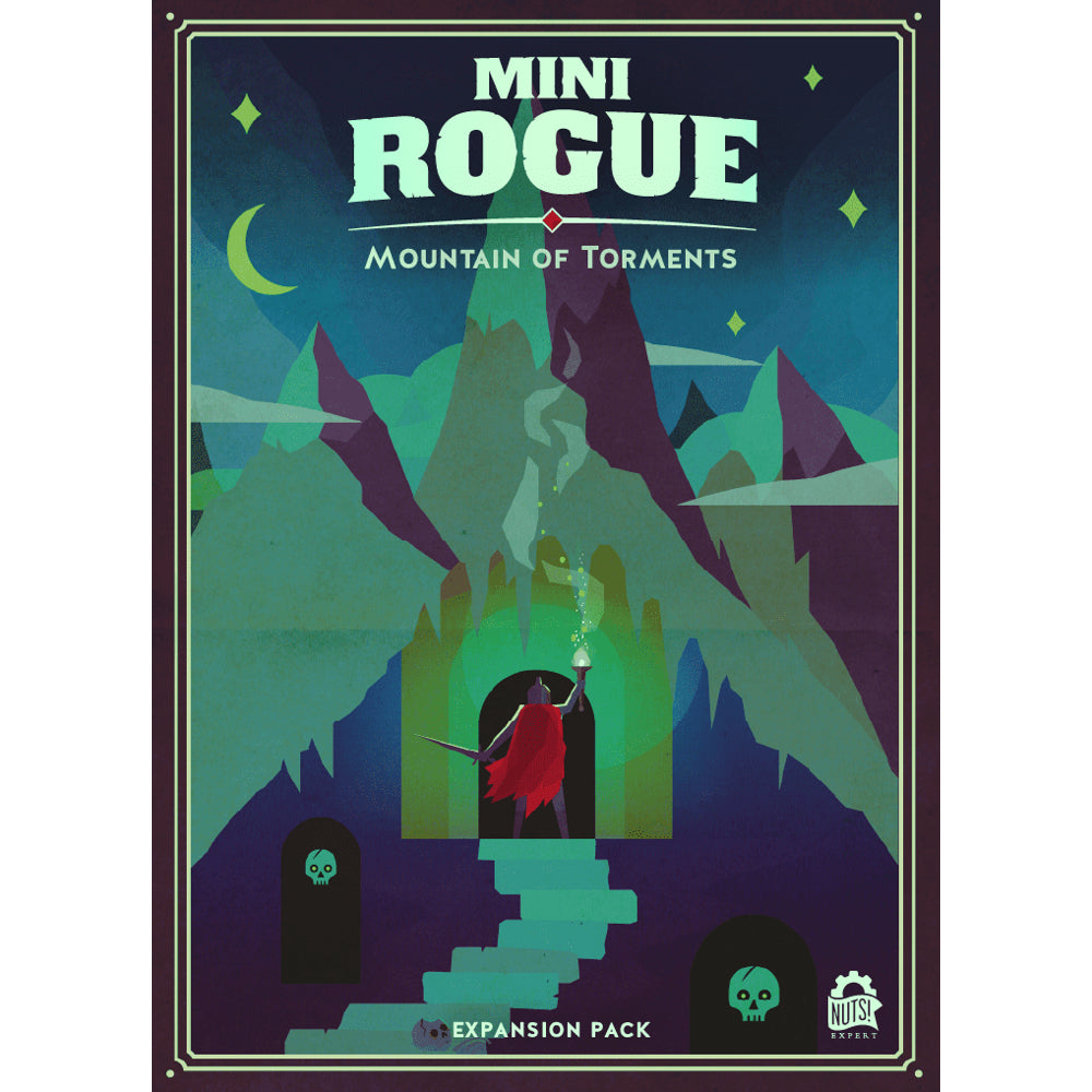 Mini Rogue: The Mountains of Torment (PREORDER) - Dark-themed board game box with stylized mountain peaks, glowing green symbols, and a red-caped figure in a cave entrance.