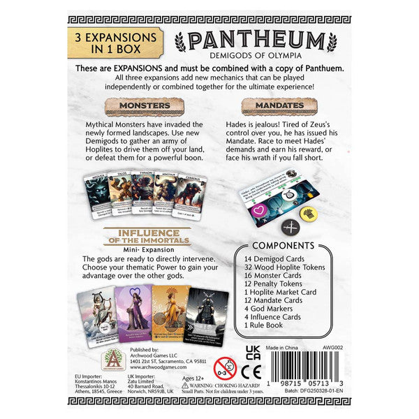 Pantheum: Monsters & Madates Expansion - Pantheum Monsters & Mandates Expansion box with colorful mythical character cards and game component icons on white.