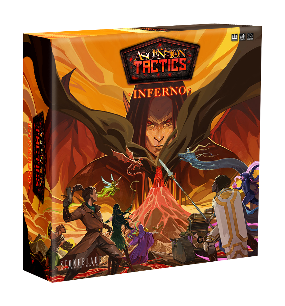 Ascension Tactics: Inferno (PREORDER) - Inferno board game box with fiery orange and red tones featuring a hooded figure and fantasy characters in action poses.