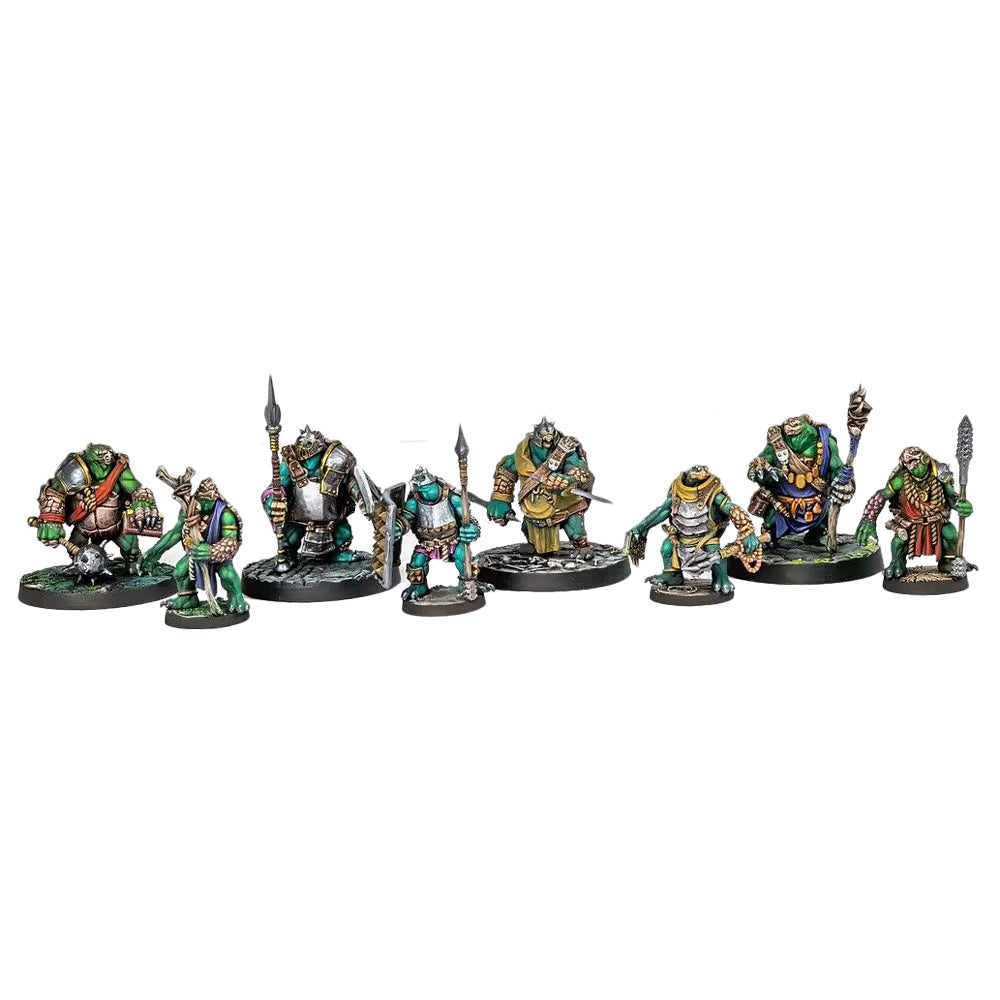 Dungeons & Lasers: Beastkin Hybrids (Unpainted) - Seven unpainted Beastkin hybrid miniatures in detailed fantasy armor, holding weapons and standing on round bases.