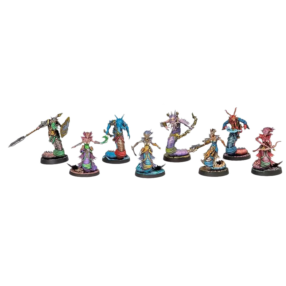 Dungeons & Lasers: Beastkin Hybrids (Unpainted) - Seven painted fantasy miniature figures featuring beastkin hybrids in dynamic poses, wielding weapons and wearing detailed.