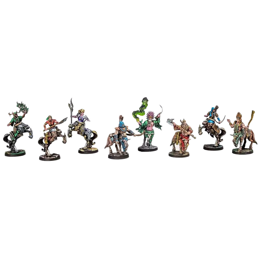 Dungeons & Lasers: Beastkin Hybrids (Unpainted) - Eight unpainted fantasy miniatures featuring hybrid beastkin characters in dynamic poses, holding weapons and wearing varied