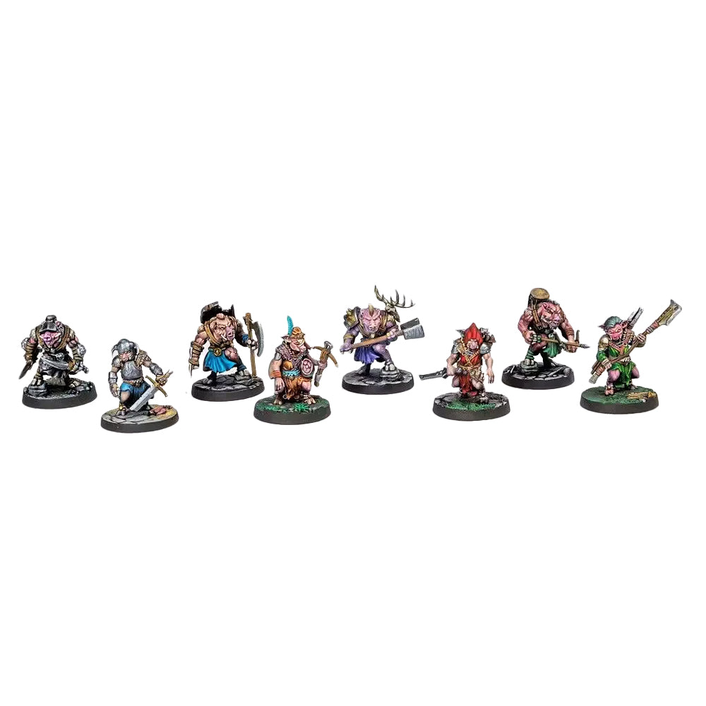 Dungeons & Lasers: Beastkin Hybrids (Unpainted) - Seven painted miniature figures of beastkin hybrids with animalistic features wielding various weapons, each mounted on.