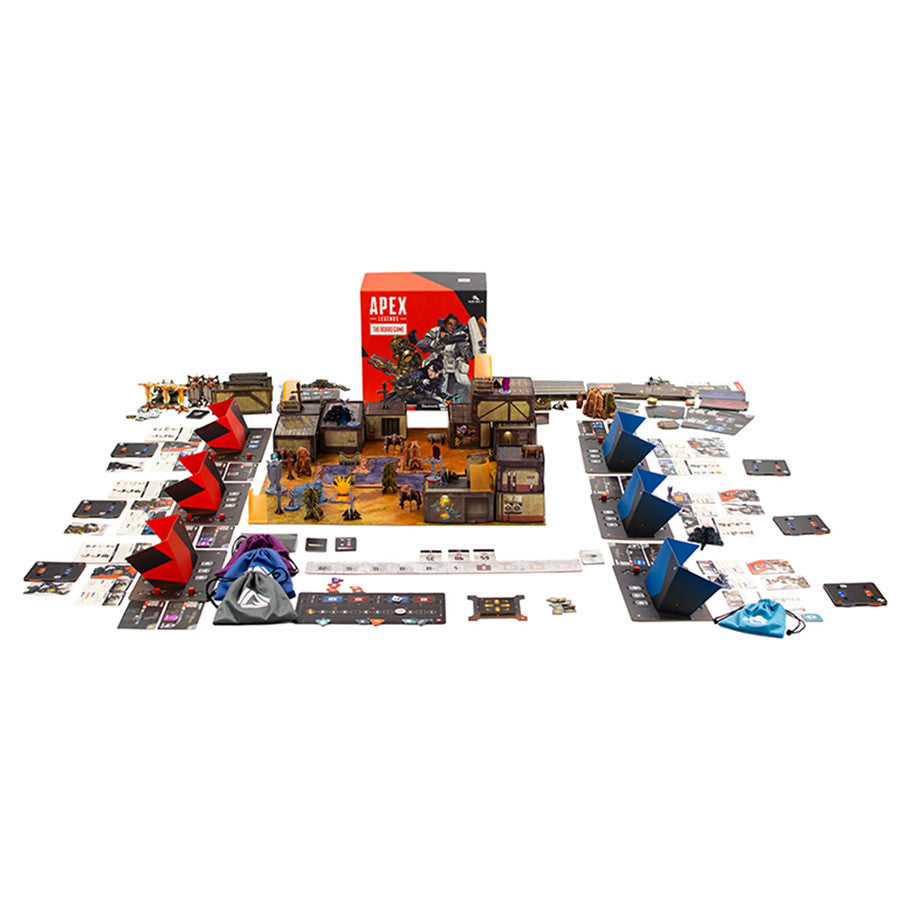 Apex Legends: The Board Game - Apex Legends board game set with detailed cardboard terrain, character miniatures, red and blue player mats, and illustrated