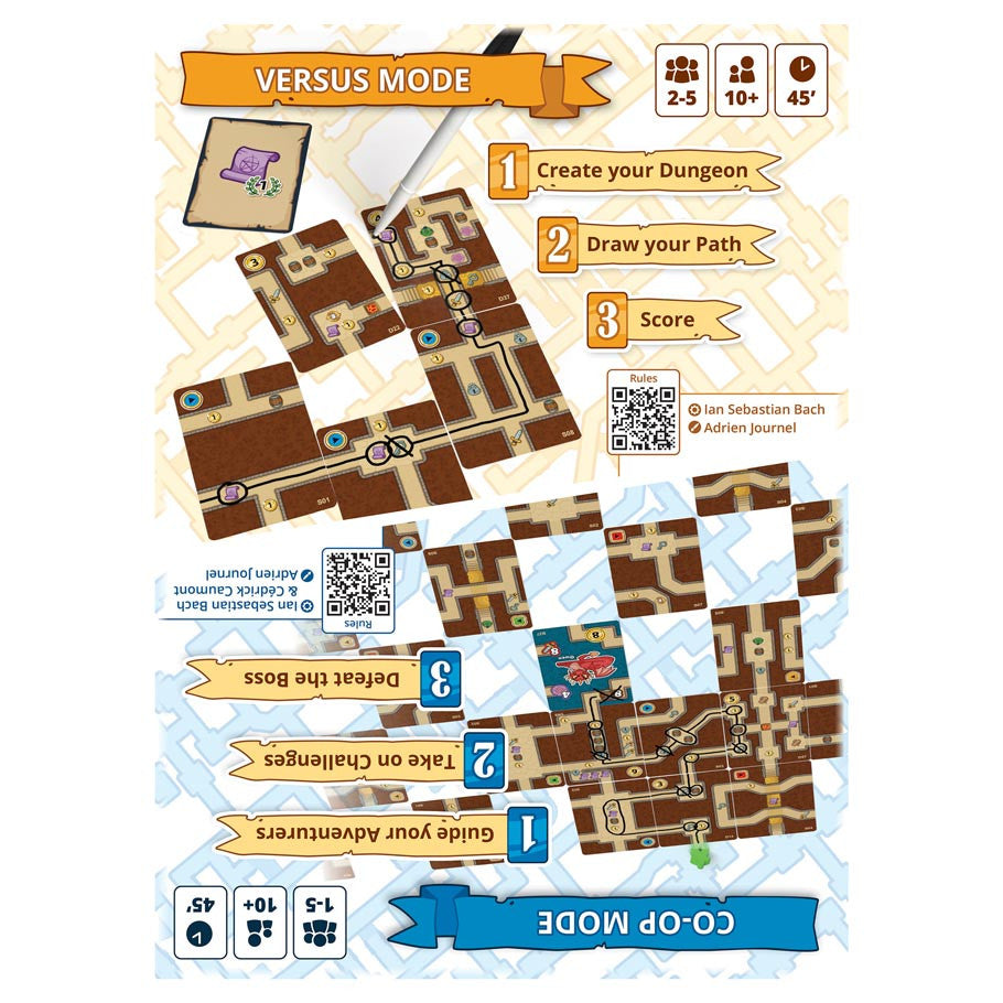 Map Masters (PREORDER) - Board game setup with brown and beige dungeon tiles, blue path pieces, and illustrated instruction steps on white background.