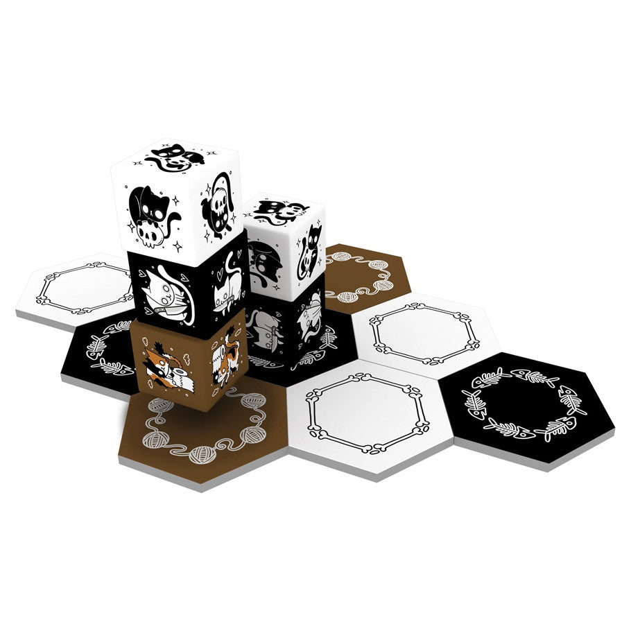 Cat a Comb - Hexagonal game tiles in black, white, and brown with intricate chain and paw designs, stacked dice featuring cat silhouettes