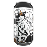 Cat a Comb - Silver drink can with black and white abstract cat illustrations and "Cat a Comb" text on label.