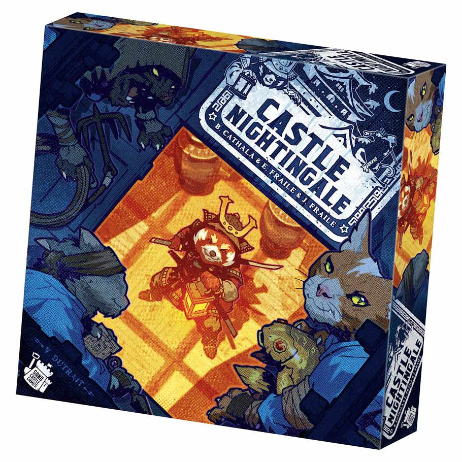 Castle Nightingale (PREORDER) - Square board game box with dark blue and orange tones, featuring fantasy characters and a stylized castle logo titled Castle