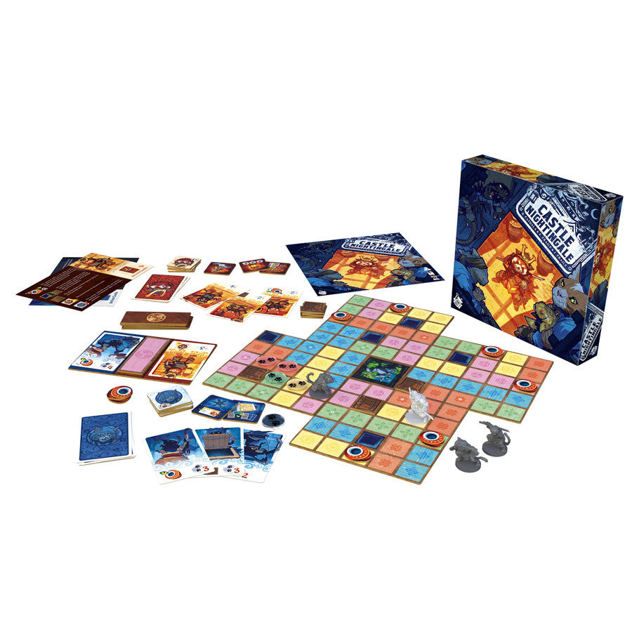 Castle Nightingale (PREORDER) - Colorful square game board with grid and varied symbols, surrounded by cards, tokens, and a dark blue game box with fantasy.