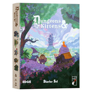 Dungeons and Kittens RPG: Starter Set - Colorful fantasy-themed game box showing cats in medieval attire exploring a vibrant forest with a distant tower, titled.