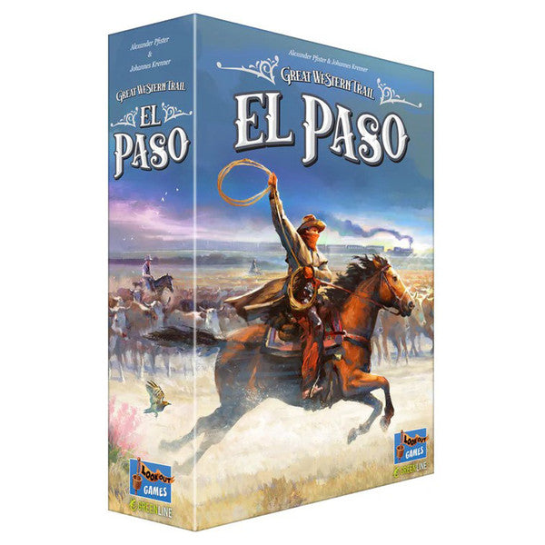 Great Western Trail: El Paso - El Paso featuring a cowboy on horseback holding a lasso against a sunset background.