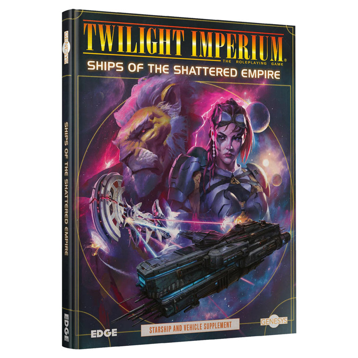 Genesys: Ships of the Shattered Empire - Twilight Imperium expansion box with sci-fi artwork of a female figure and a spaceship on a dark cosmic background.