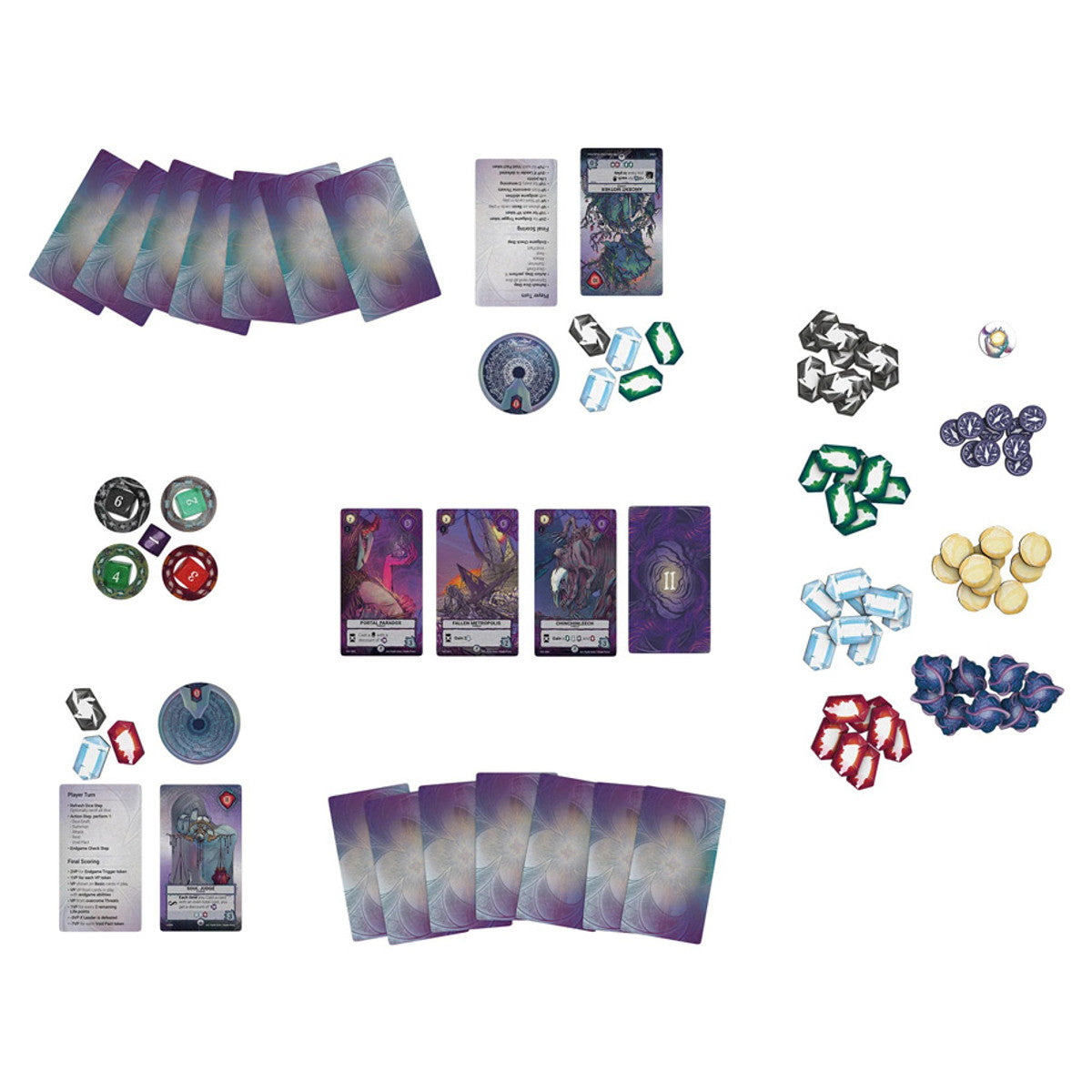 Etherstone - Etherstone strategy game with colorful cards, translucent tokens in blue, green, red, and yellow, dozens of chips, a gray.