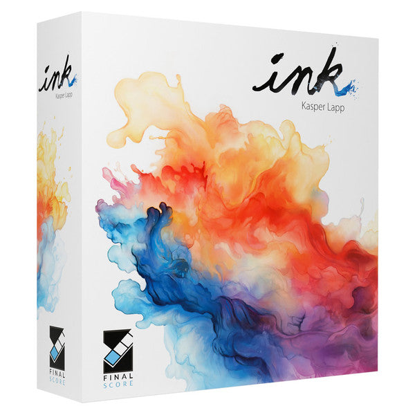 Ink - Square white box with colorful ink splashes in blue, orange, red, and purple, labeled "ink" by Kasper Lapp.