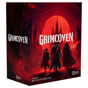 Grimcoven: Standard Edition - Grimcoven board game box with dark red and black gothic artwork showing three cloaked figures against a large red moon.