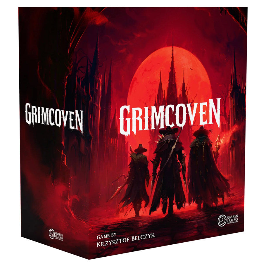 Grimcoven: Standard Edition - Grimcoven board game box with dark red and black gothic artwork showing three cloaked figures against a large red moon.