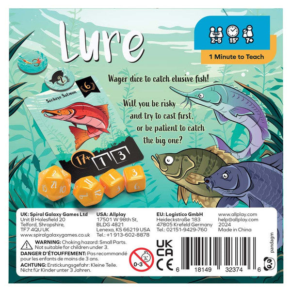 Lure - Colorful game box with illustrated fish, fishing rods, and dice showing a family fishing game titled Lure.