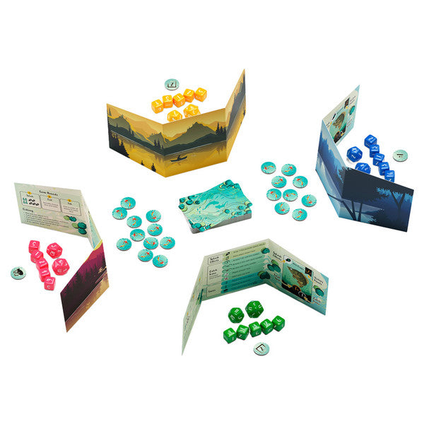 Lure - Colorful game boards and tokens arranged for a strategy board game named Lure with themed player screens and dice.