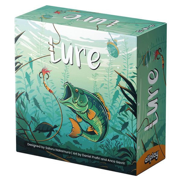 Lure - Square game box with illustrated underwater scene featuring a large fish, aquatic plants, and a fishing lure on a green-blue