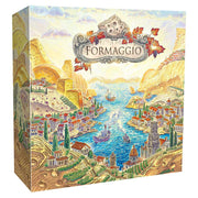 Formaggio - Colorful board game box with illustrated coastal town, sea, boats, and hills under blue sky.