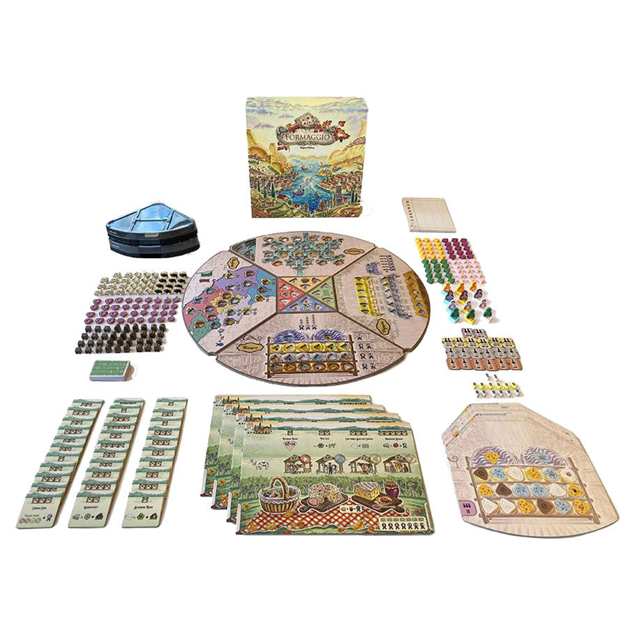 Formaggio - Circular game board divided into colorful segments with illustrations, surrounded by hexagonal tokens, wooden pieces, cards,