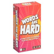 Words are Hard - Red and orange gradient card game box titled "Words Are Hard" with bold white letters and playful subtitle underneath.