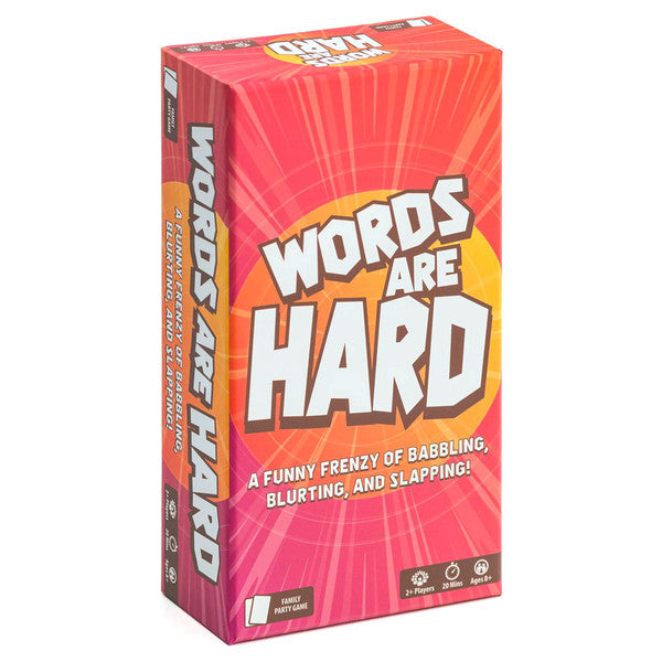 Words are Hard - Red and orange gradient card game box titled "Words Are Hard" with bold white letters and playful subtitle underneath.