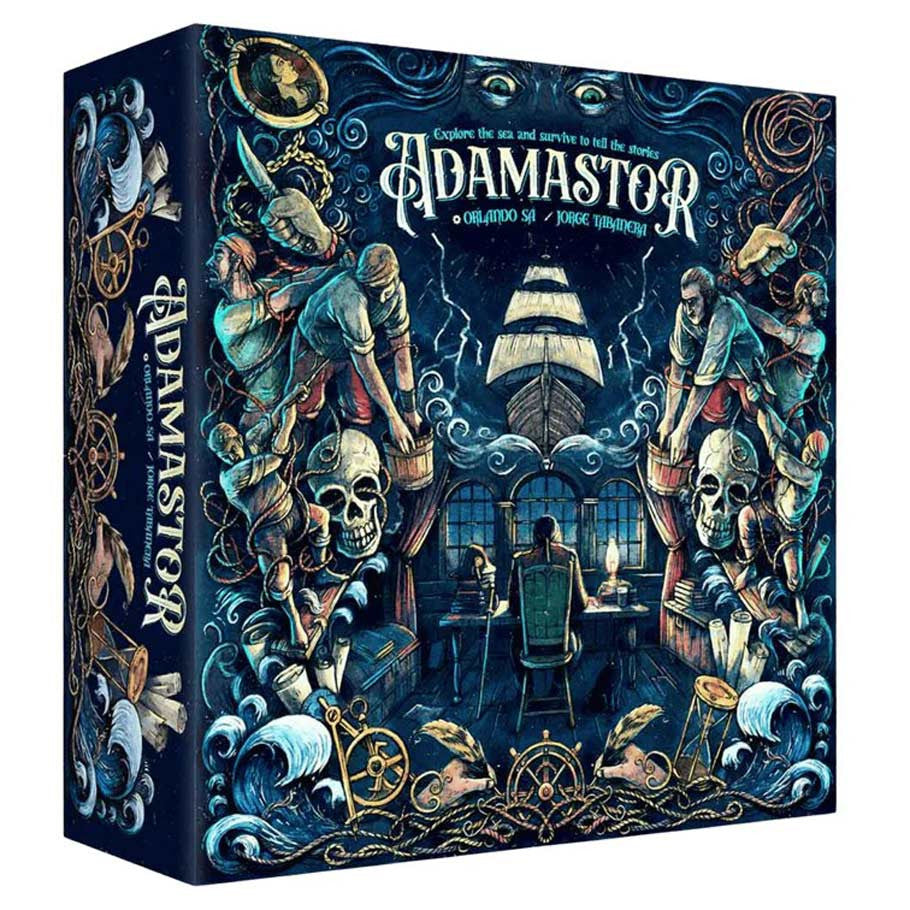 Adamastor (PREORDER) - Dark blue and gold illustrated card game box featuring sailors, skulls, a ship, and nautical elements titled Adamastor.