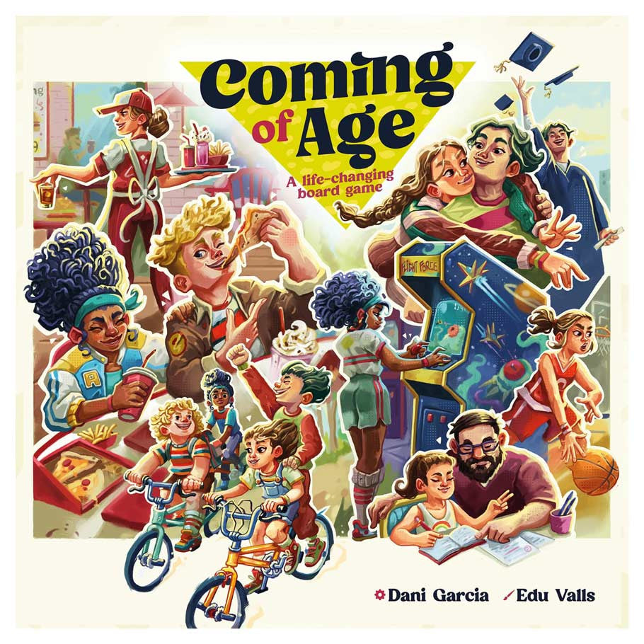 Coming of Age (PREORDER) - Colorful illustrated board game cover showing diverse kids and adults in energetic, playful scenes.