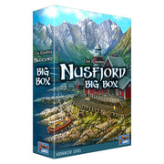 Nusfjord: Big Box - Tall rectangular box with detailed artwork of a coastal village featuring mountains, wooden houses, and a docked boat in.