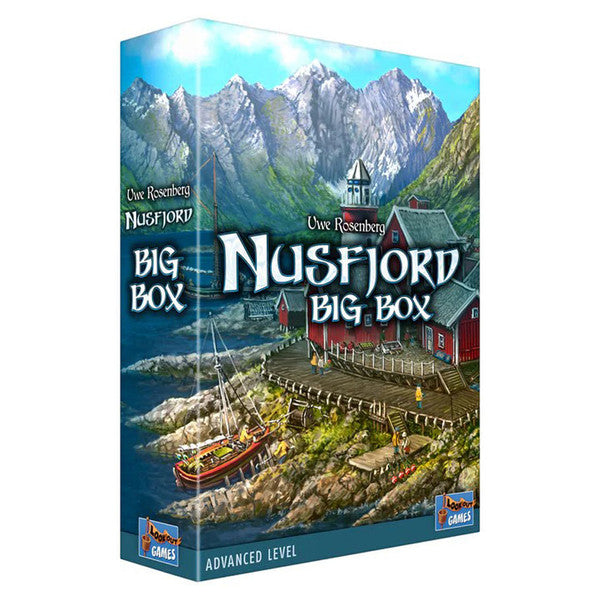 Nusfjord: Big Box - Tall rectangular box with detailed artwork of a coastal village featuring mountains, wooden houses, and a docked boat in.