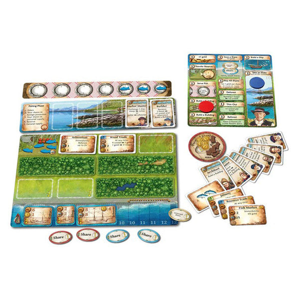 Nusfjord: Big Box - Nusfjord strategy board game components with illustrated player boards, colorful tokens, circular coin pieces, and character