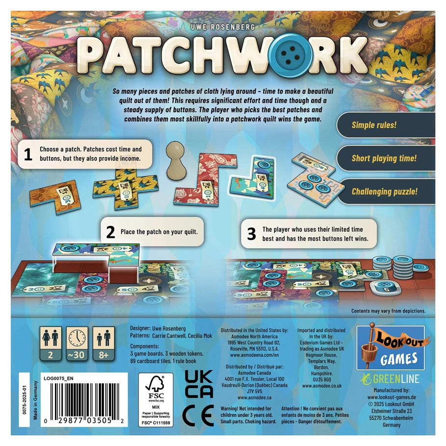 Patchwork: Revised Edition - Colorful board game box with quilt patch shapes, wooden buttons, score tokens, and detailed gameplay instructions.