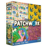 Patchwork: Revised Edition - Colorful board game box with patchwork quilt patterns, showing animals and abstract shapes.