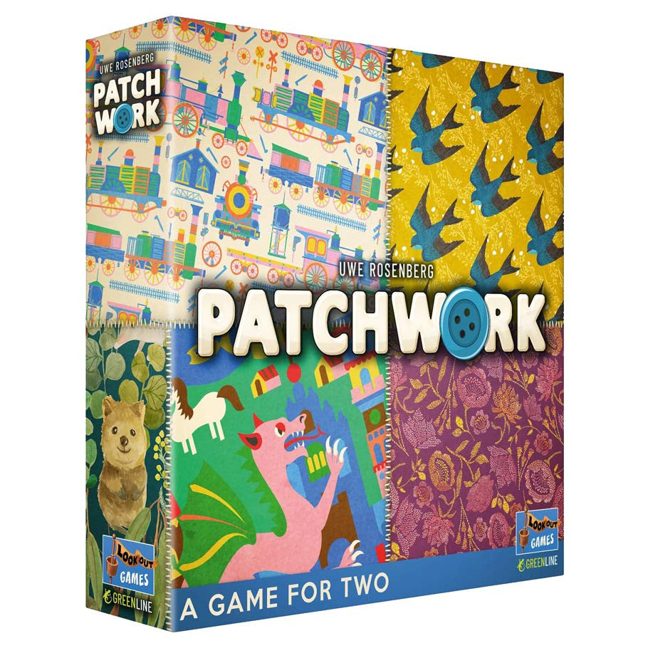 Patchwork: Revised Edition - Colorful board game box with patchwork quilt patterns, showing animals and abstract shapes.